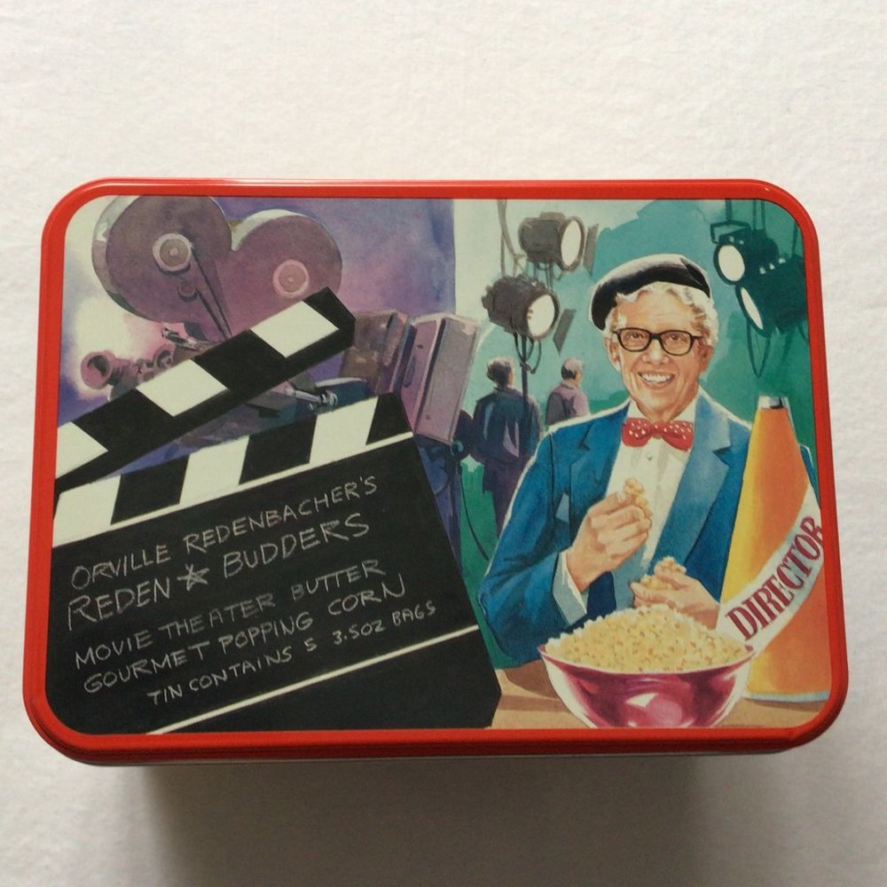 Orville Redenbacher collector tin. "Reden-Budders" movie theater themed